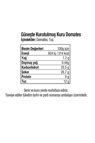 AtıştırmalıkGüneşte Kurutulmuş Domates ‐ Tam Kuru ‐ Yarım Kesim 125 gr